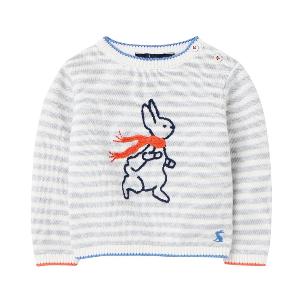 Joules Striped Sweater with Bunny Design - White and Blue